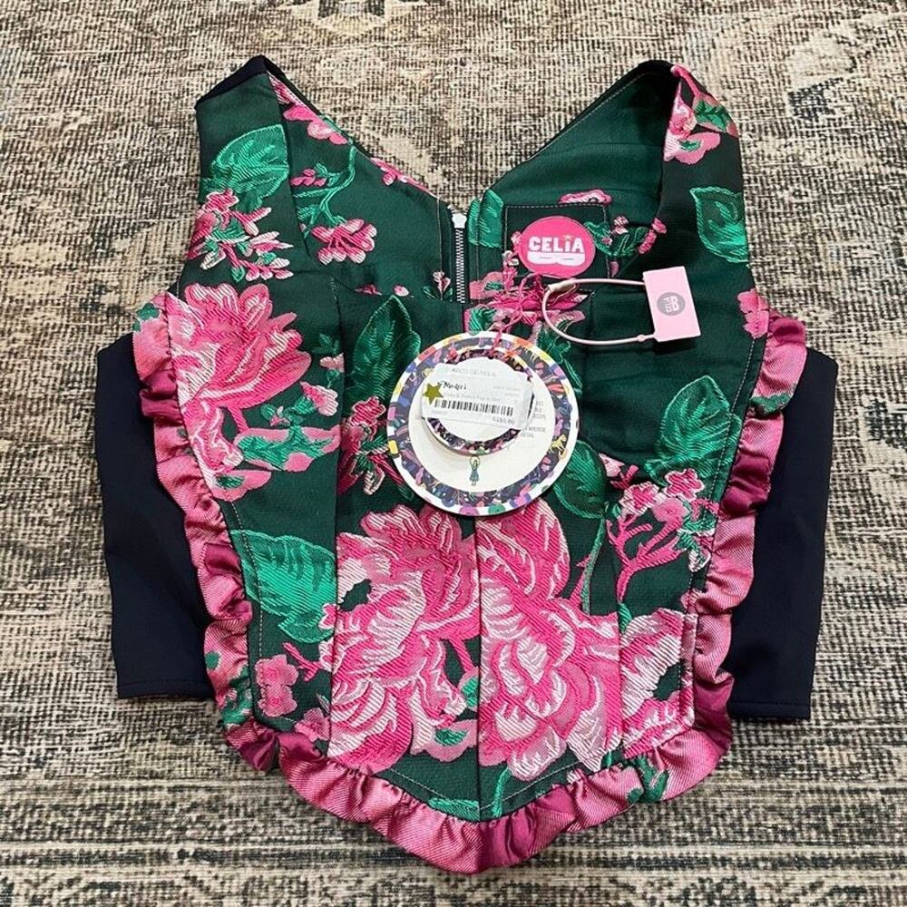Celia B Trebol Corset Top Green Pink Floral Brocade Ruffle Zip Front Sz S NWT